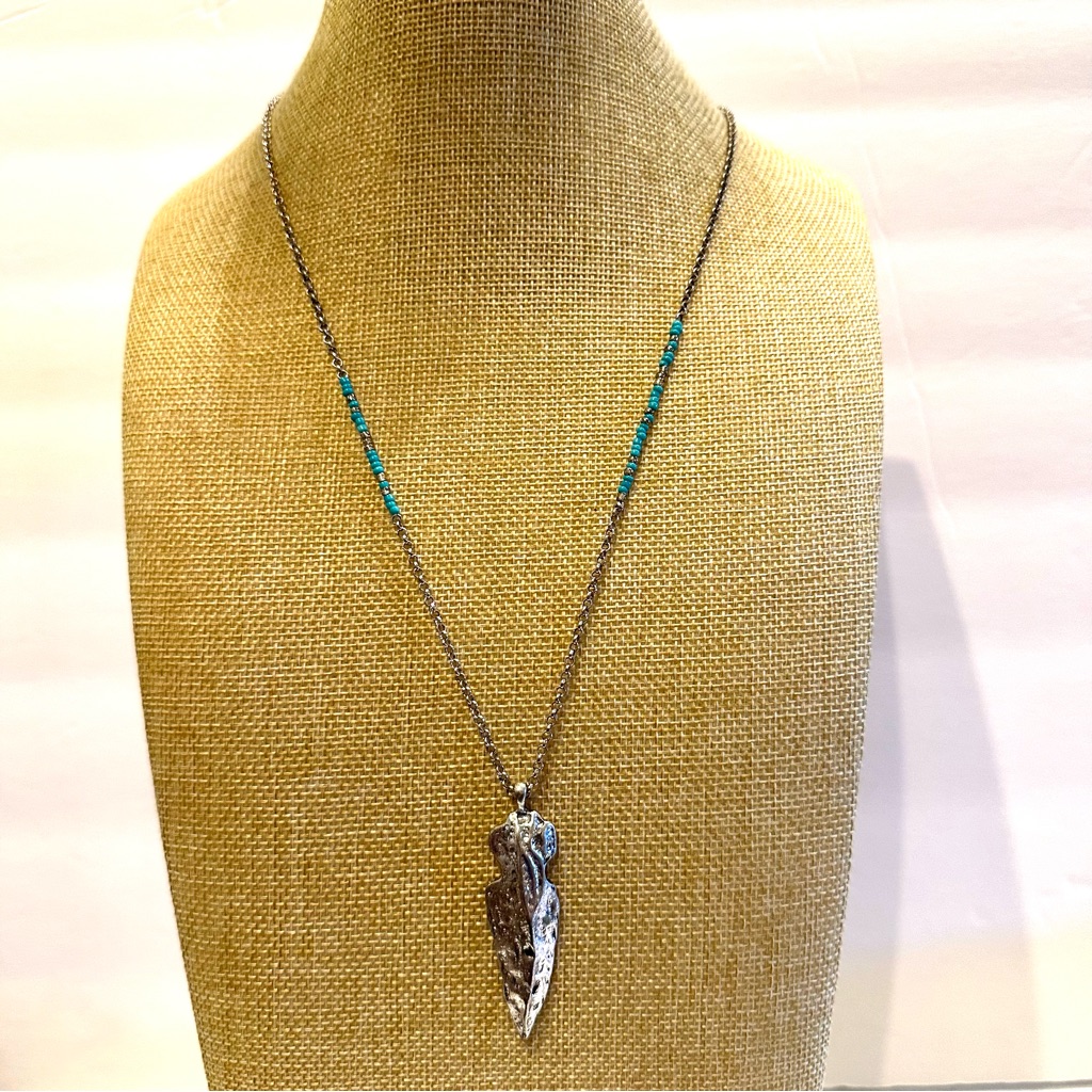 Lucky Brand Necklace Long Silver Chain W Turquoise Beads Feather Pendant 23$